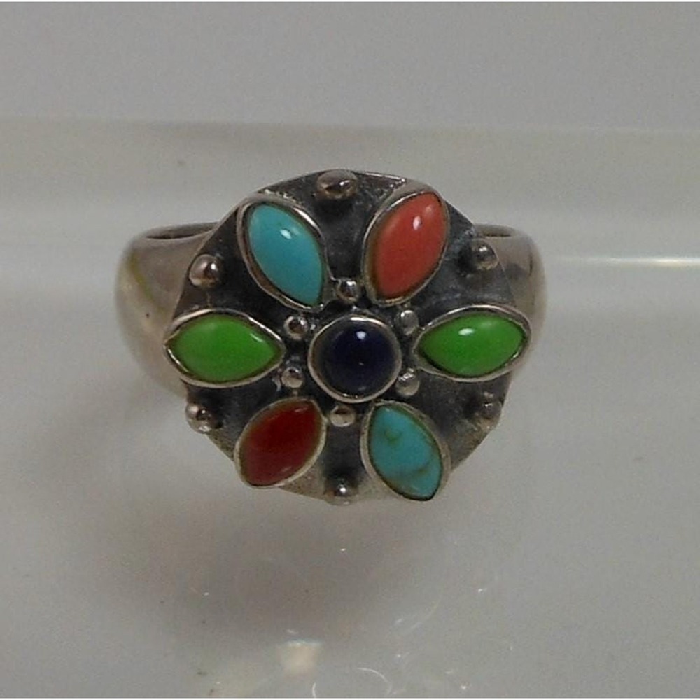 Vintage Designer Sterling Silver Turquoise Coral Garnet Ring - Size 7.75 - Picture 2 of 10